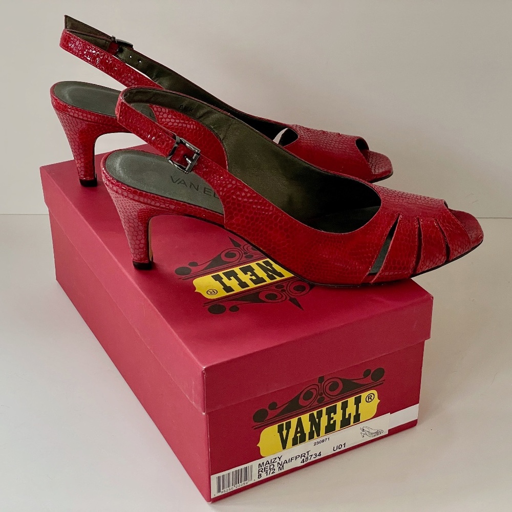 VanEli Red Leather Dress Sandals / Heels - "Maizy" Red Naif Print - Original Box